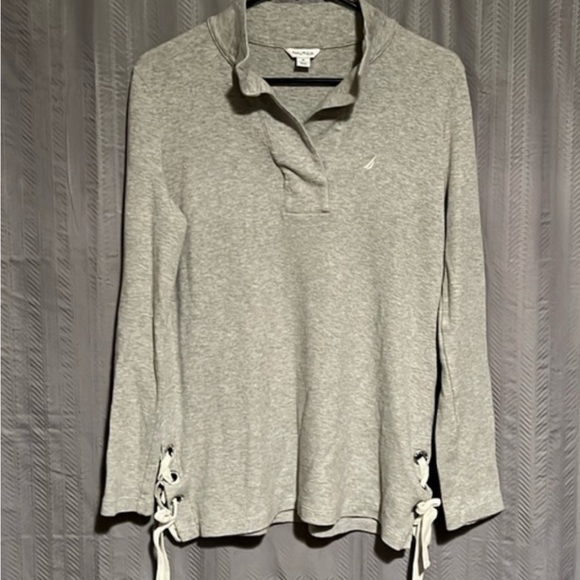 Nautica Tops - Nautica Gray Ribbed Polo Sweatshirt with Tie Front